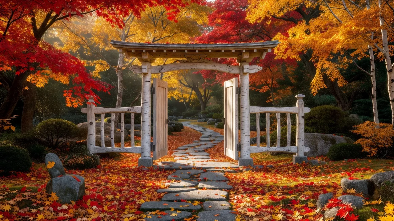 紅葉に包まれる白樺門の庭