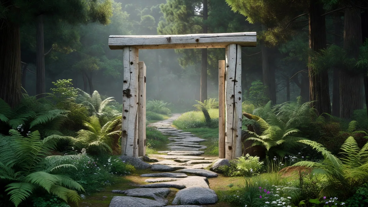 山荘の森に佇む白樺門