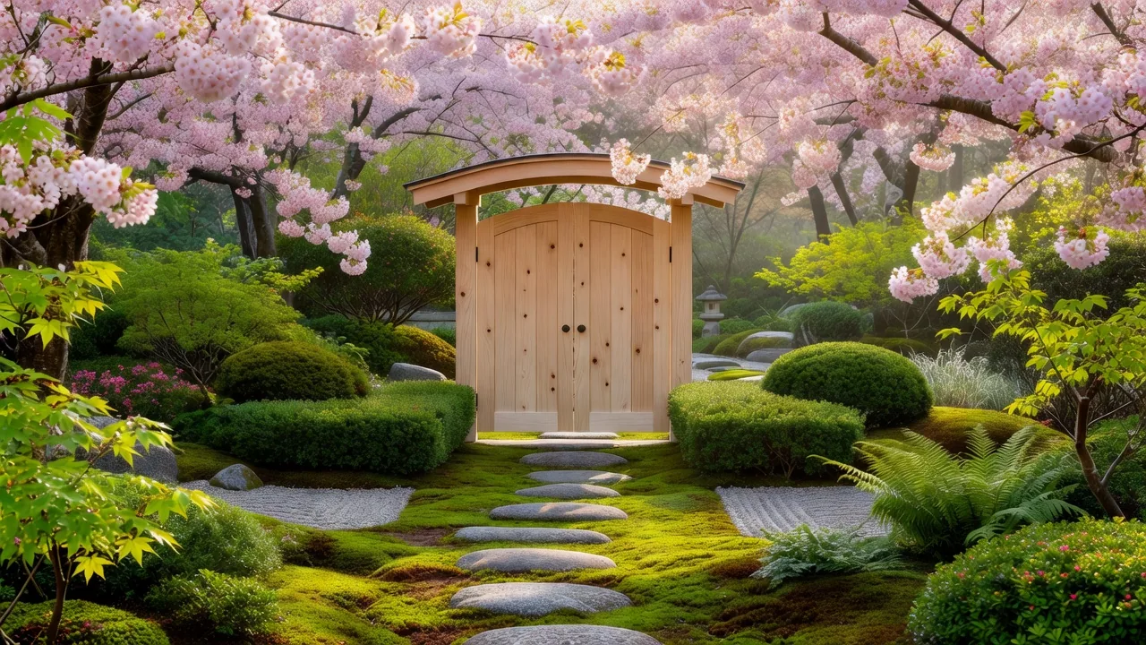 桜の下に佇む白樺門