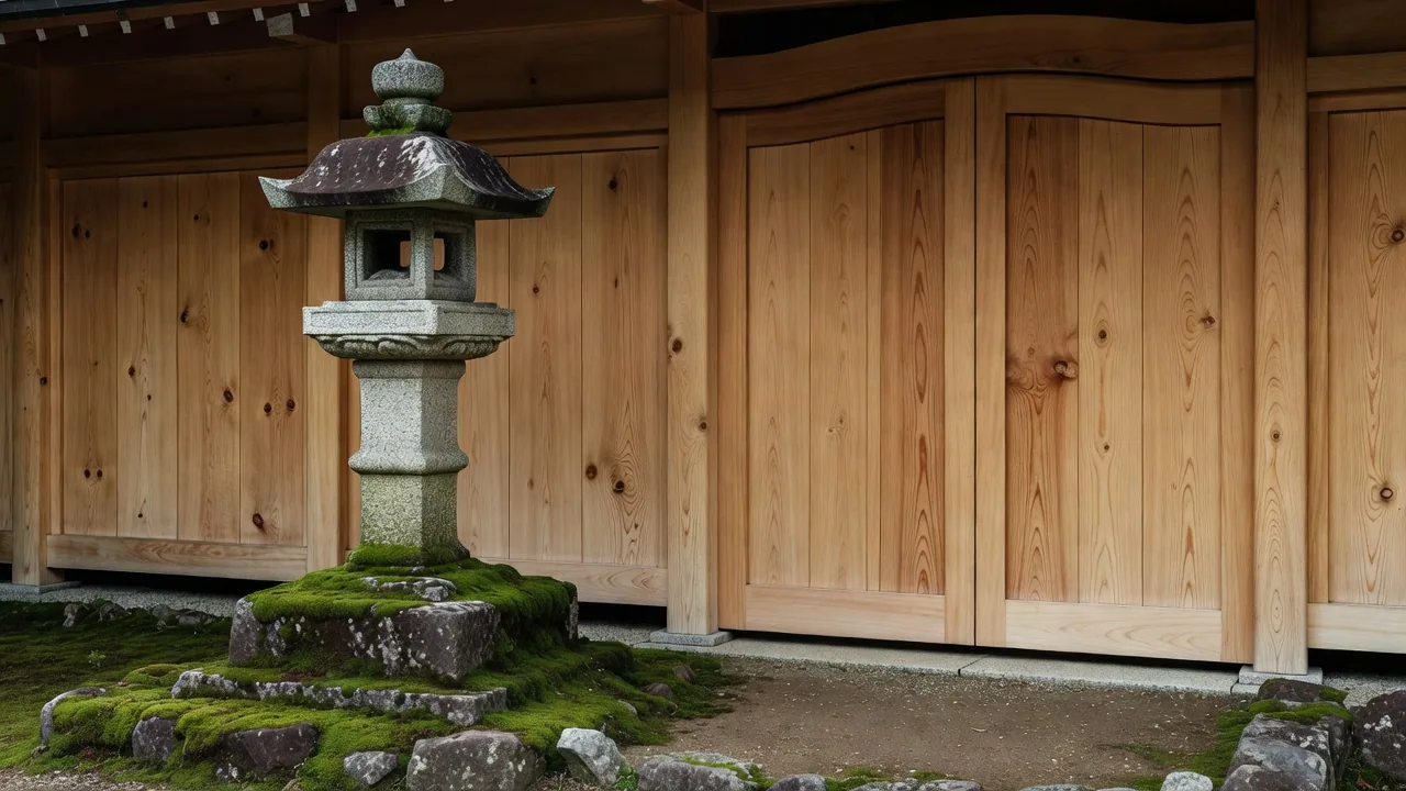 石灯籠と白樺門