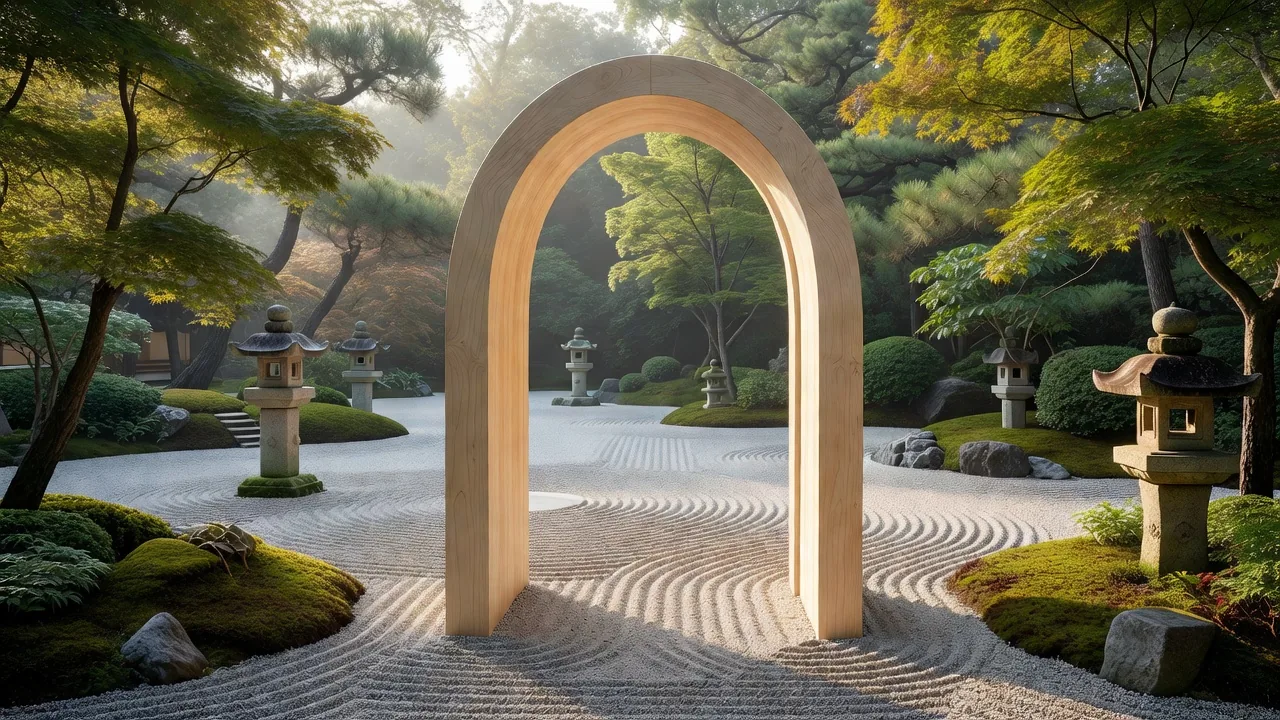 禅庭に架かる白樺アーチ門